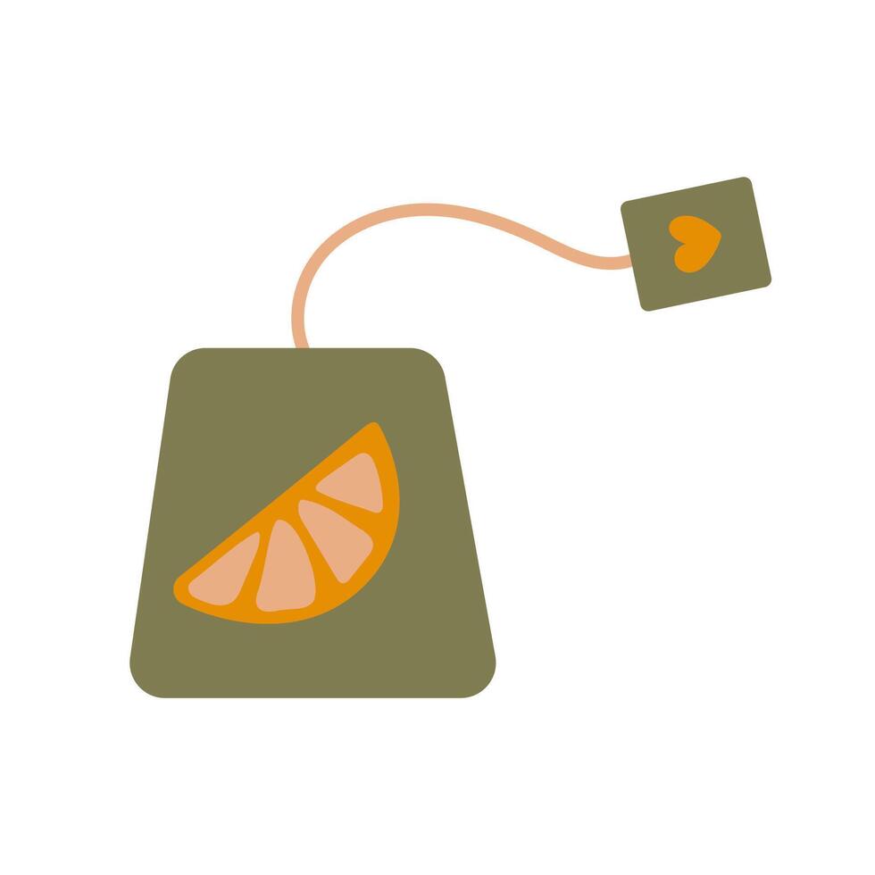 Green Tea Bag with Citrus Slice Flat Hand Drawn Illustration Isolated on White Background. vector
