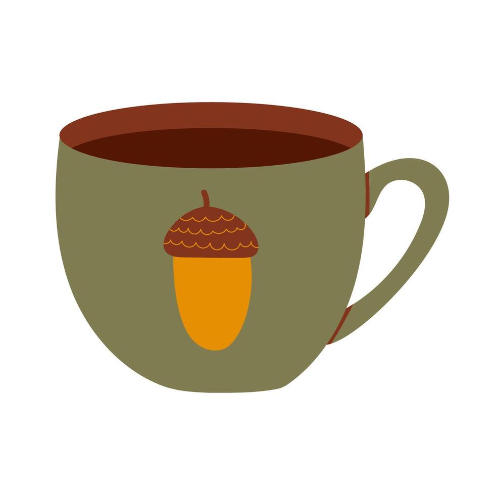 Green Tea Cup with Acorn Design Hand Drawn Flat Illustration Isolated on White Background. Cozy Decal Mugs for Autumn Beverages vector