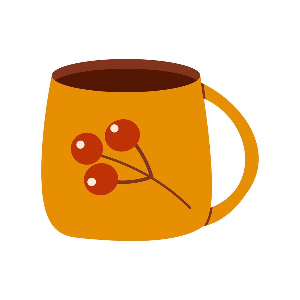 Yellow Tea Cup with Red Berry Design Flat Hand Drawn Illustration Isolated on White Background. Fall Autumn Cozy Cute Design vector
