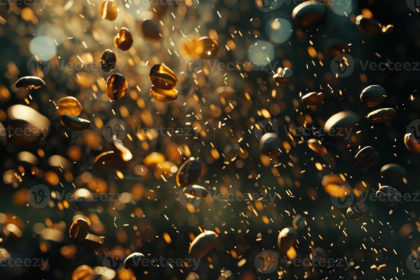 Roasted coffee beans falling through air with golden light photo