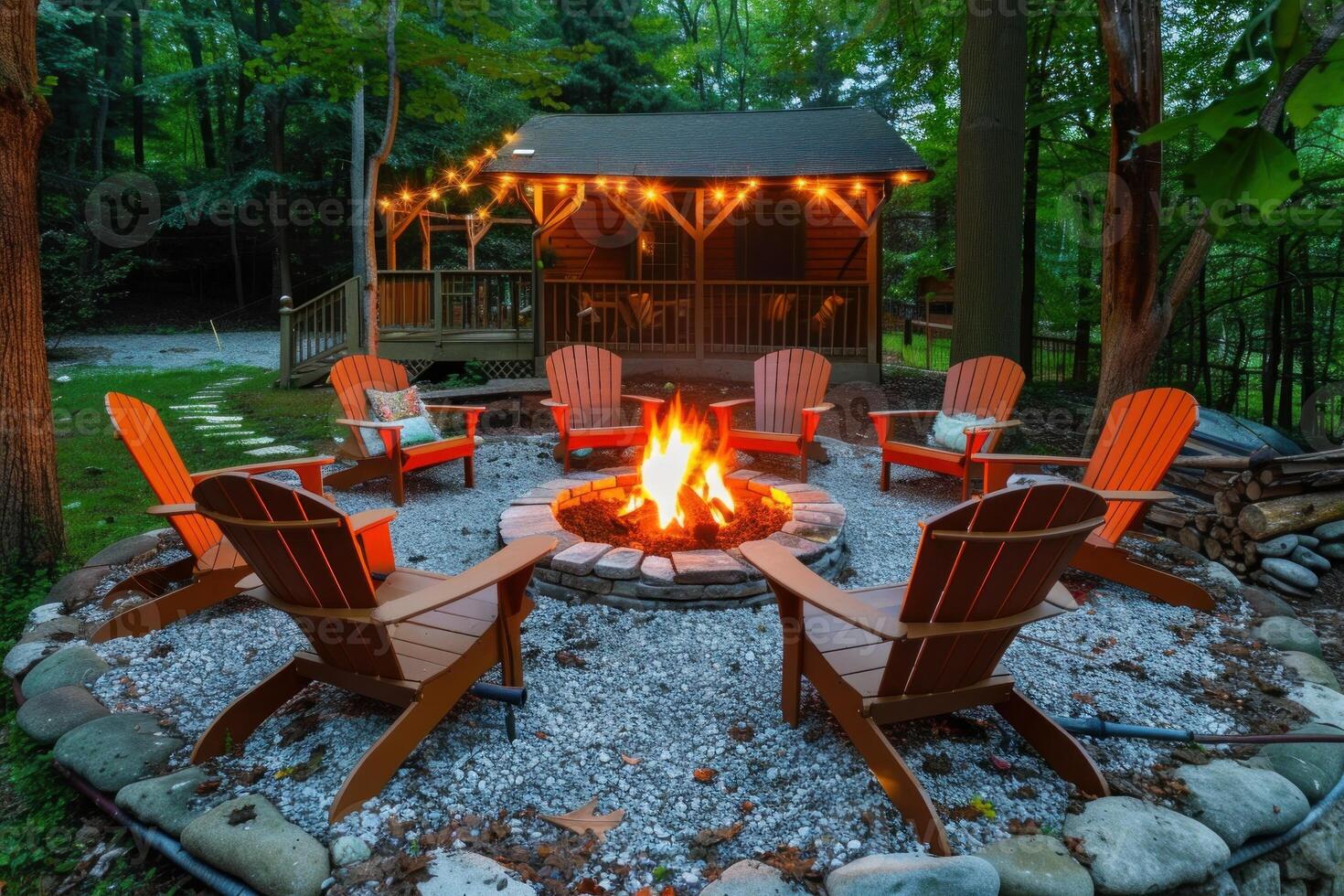 Gathering around a backyard fire pit at a cozy cabin photo