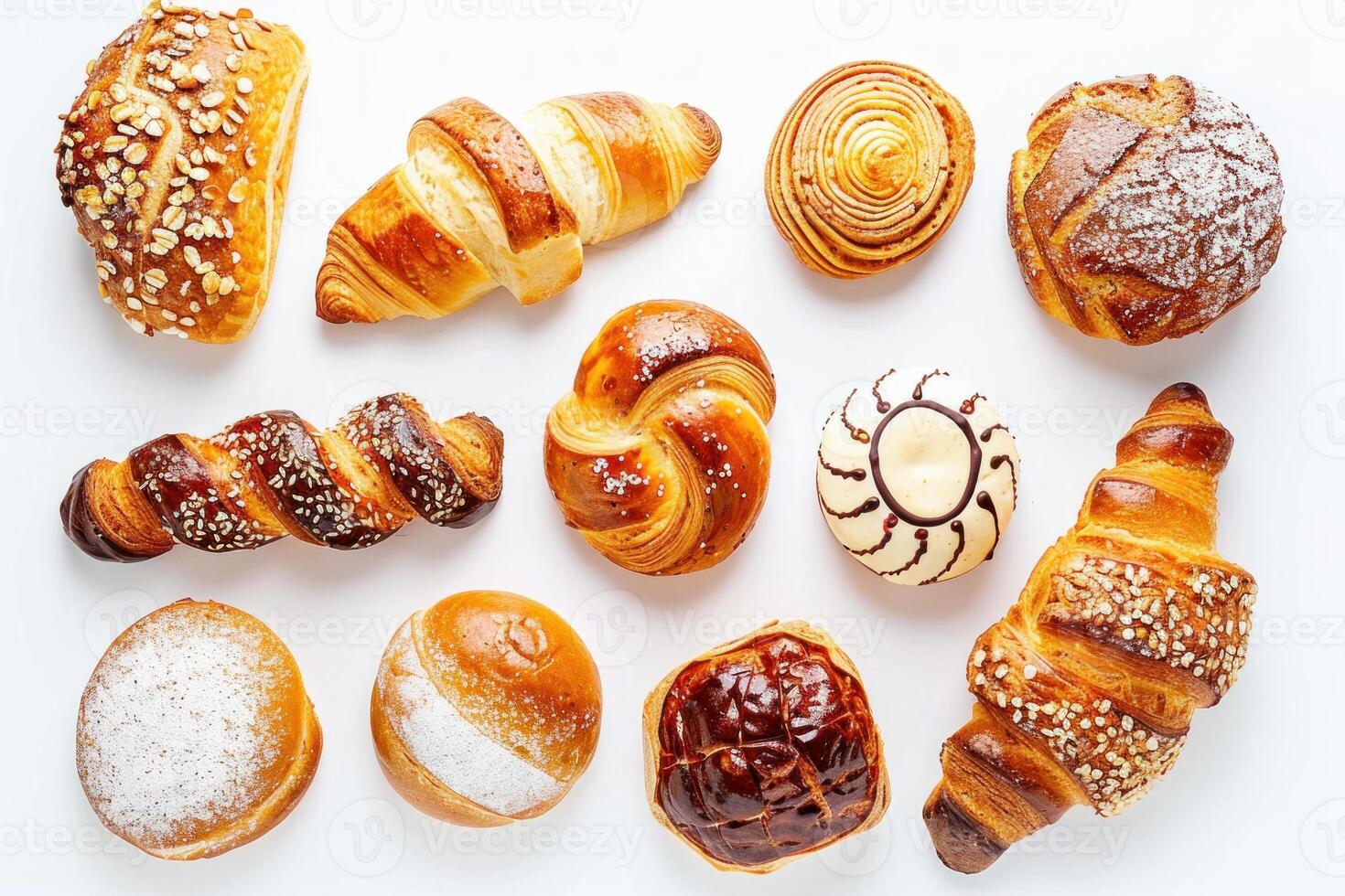 Freshly baked pastry assortment on white background photo