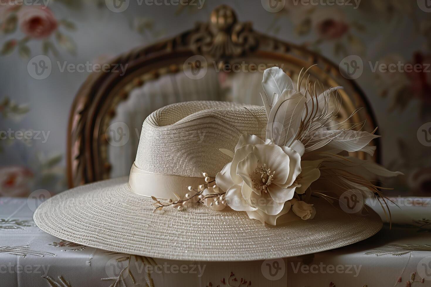 Elegant white hat with feathers and flower resting on table photo