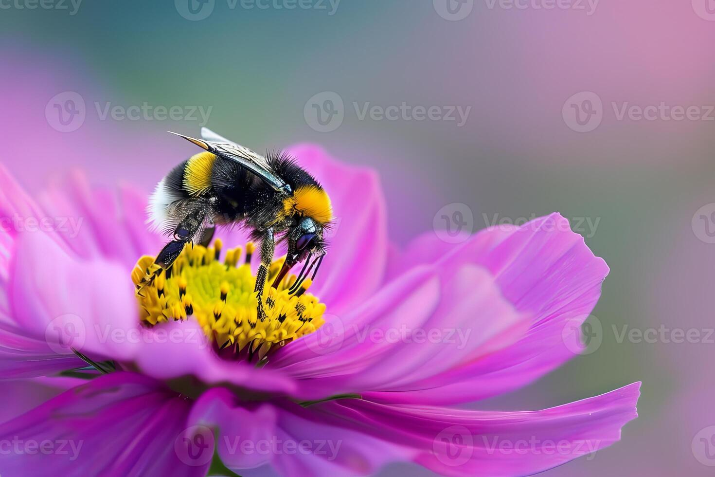 Bumblebee is gathering pollen on a purple cosmos flower photo