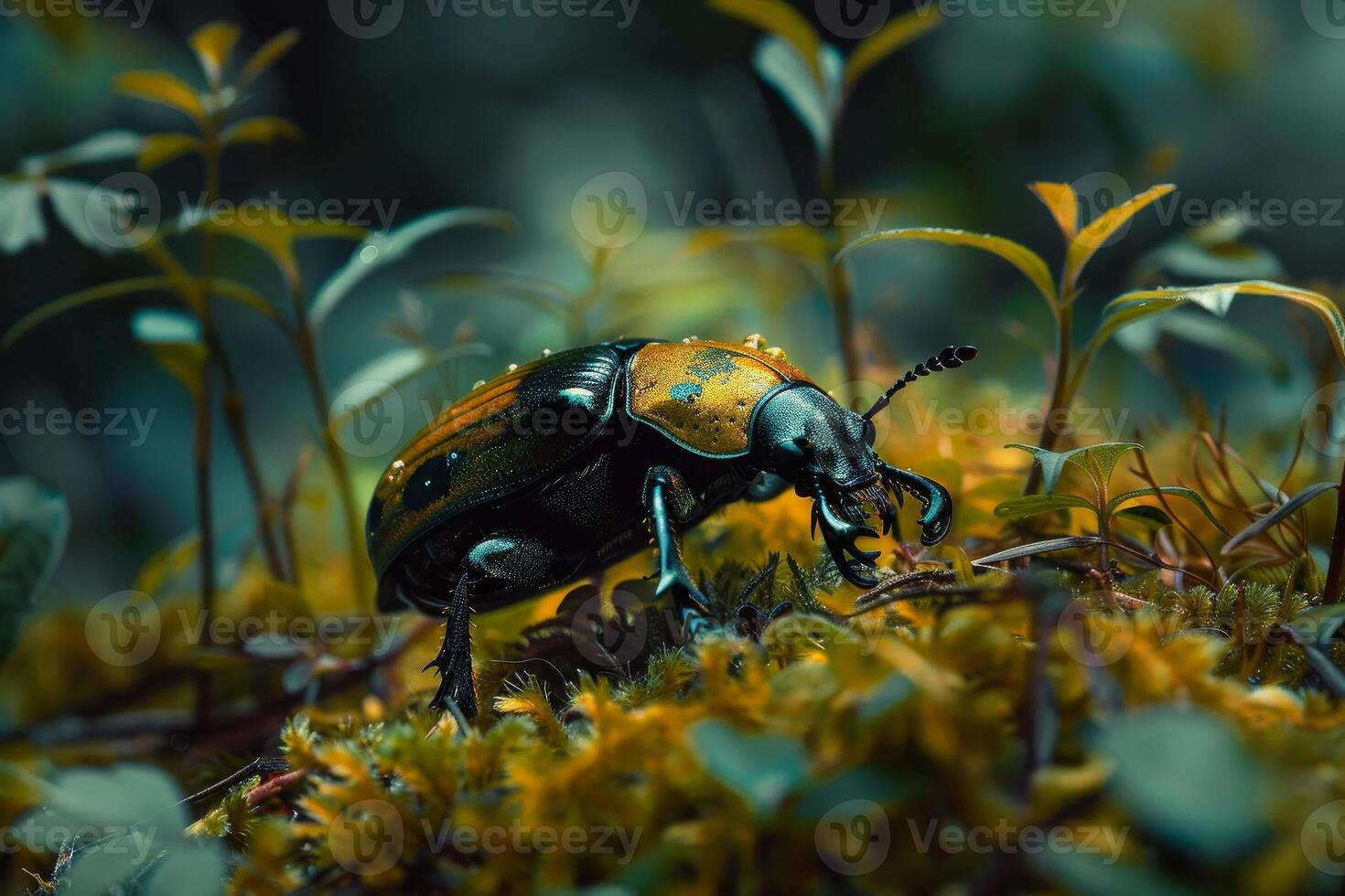 Colorful beetle walking on moss in the forest photo