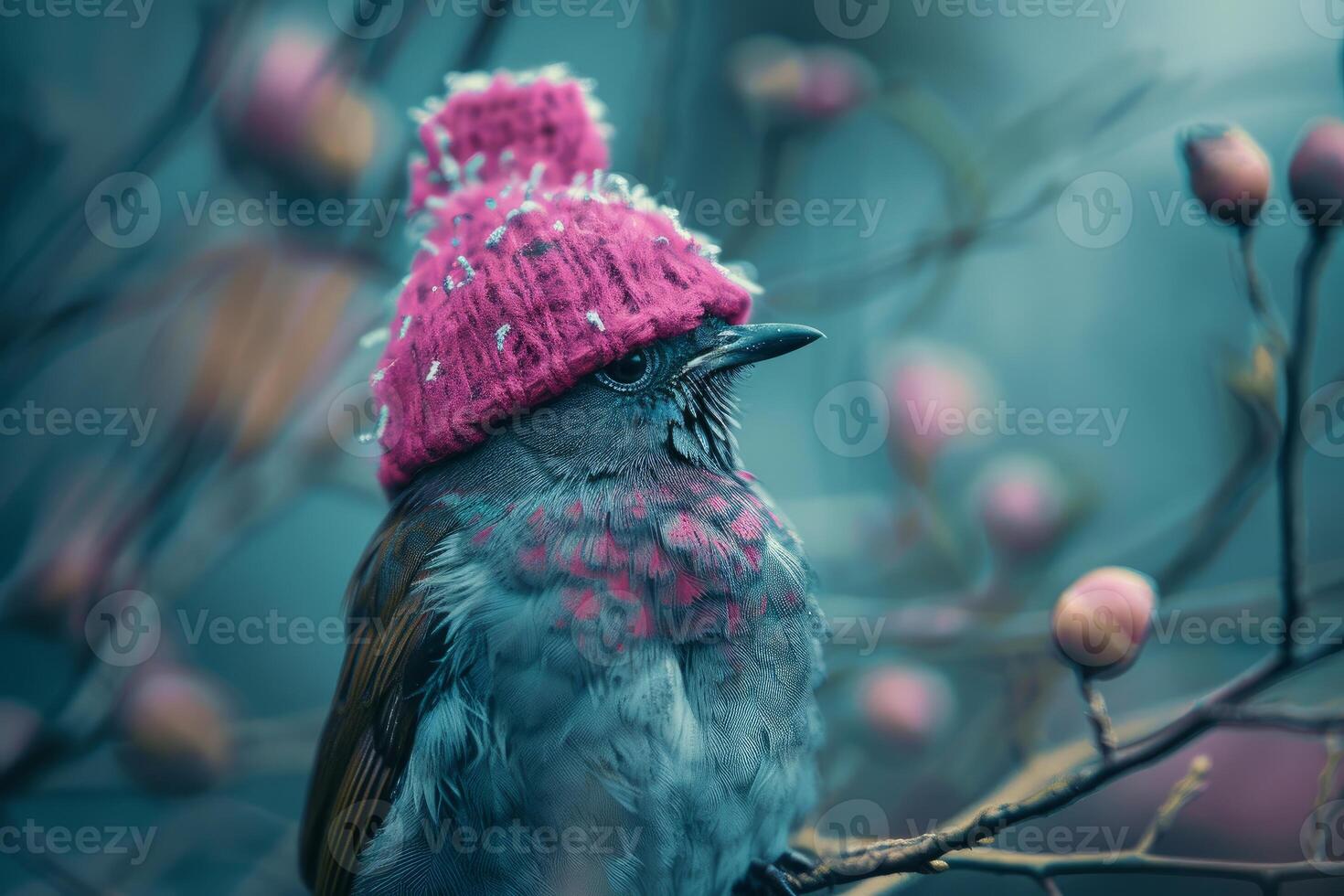 Cute bird wearing pink woolen hat sitting on branch in winter photo