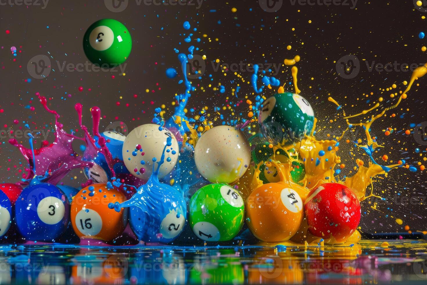 Colorful billiard balls exploding with vibrant paint splashing in mid air photo