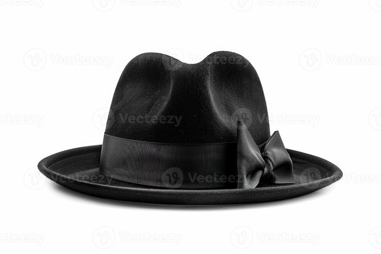 Black fedora hat with black ribbon and bow on white background photo