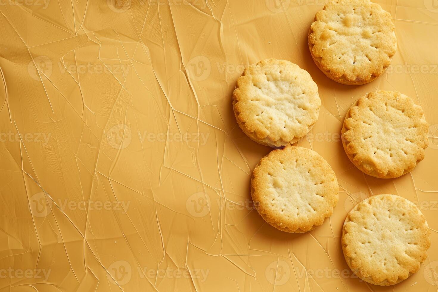 Five round cracker cookies are lying on a crumpled yellow background with copy space photo