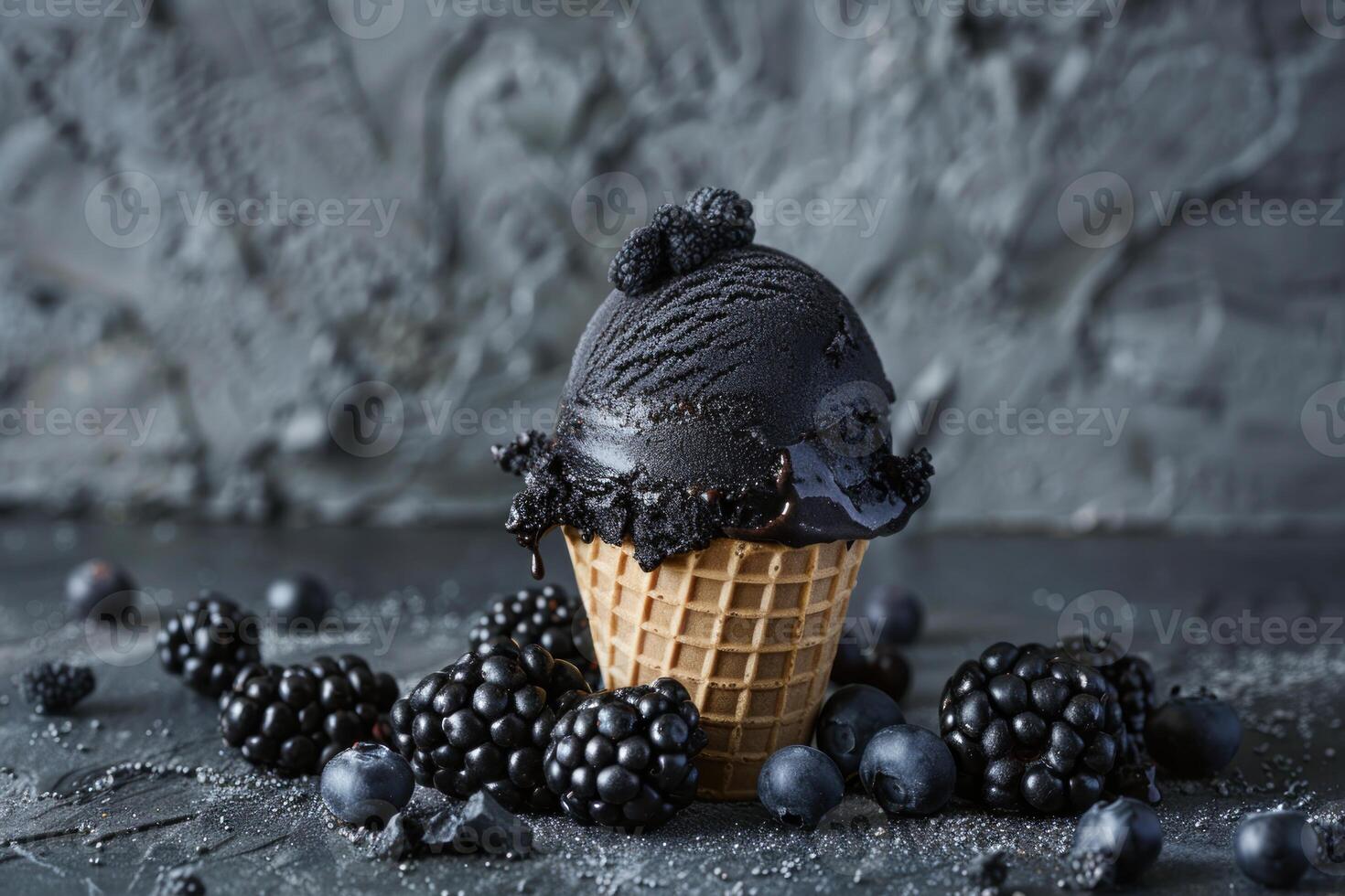 Black ice cream with blackberries and blueberries melting in a waffle cone on dark background photo