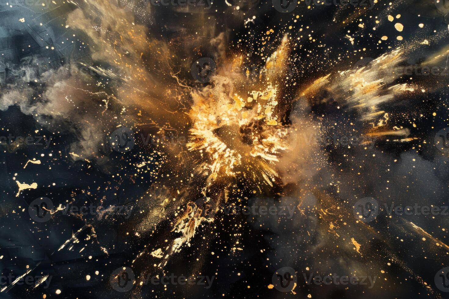 Golden explosion creating a big bang effect with smoke and glitter on black background photo