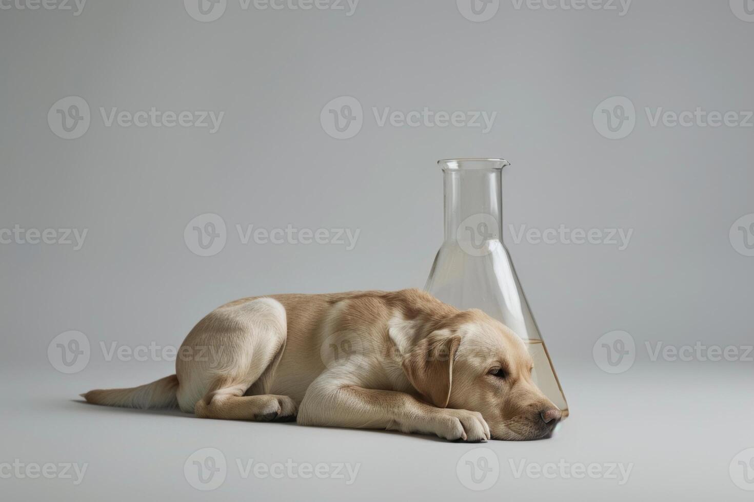 Labrador retriever sleeping near erlenmeyer flask on white background photo