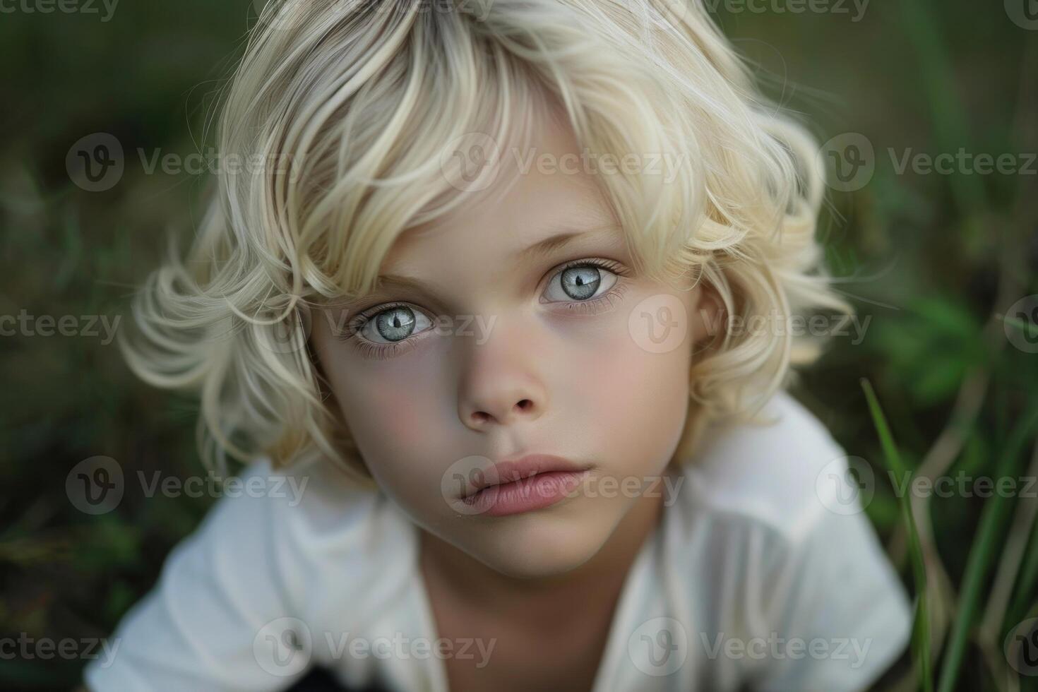 Young boy with blonde hair and blue eyes posing in nature photo