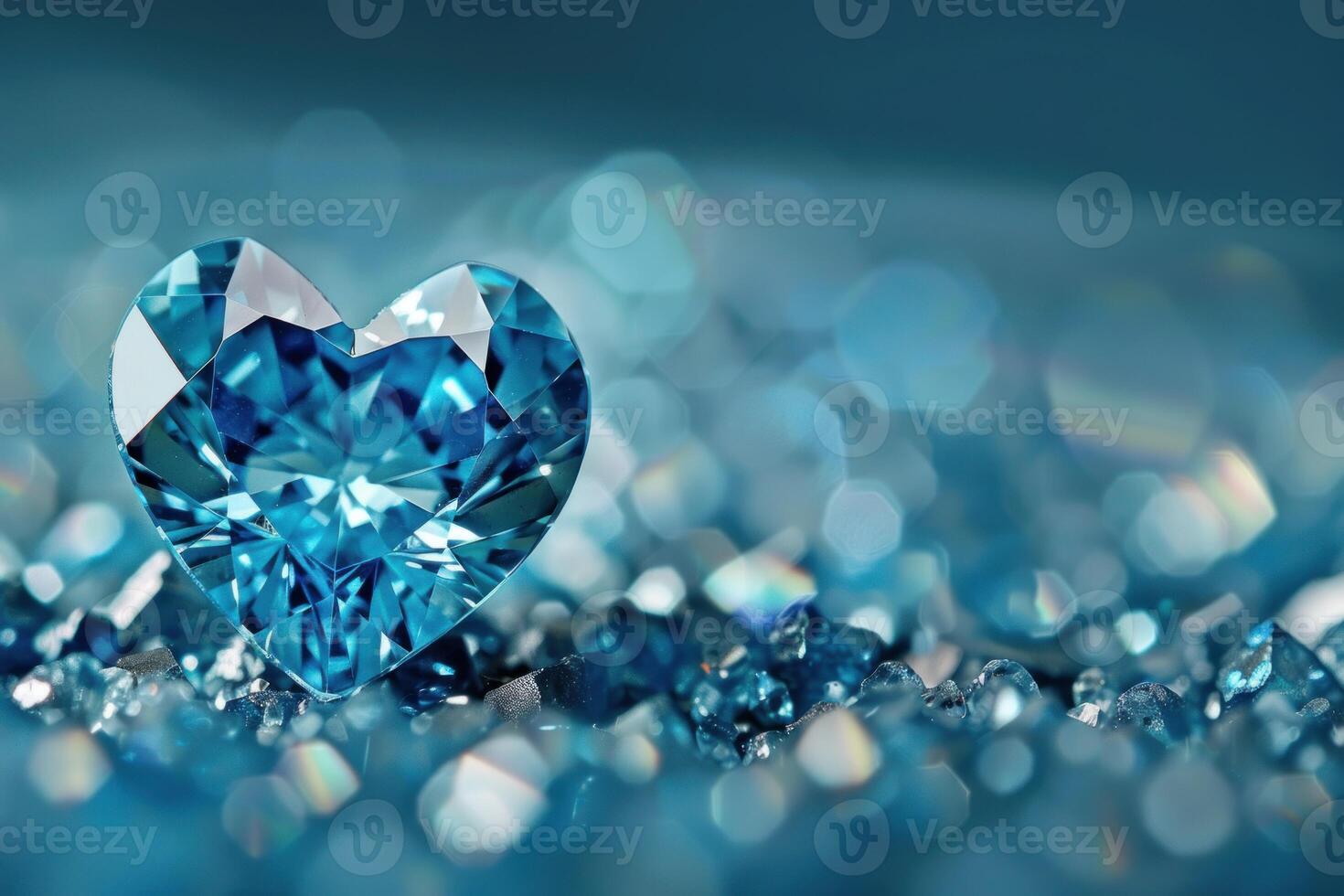 Large faceted blue topaz heart gemstone surrounded by tiny blue crystals photo