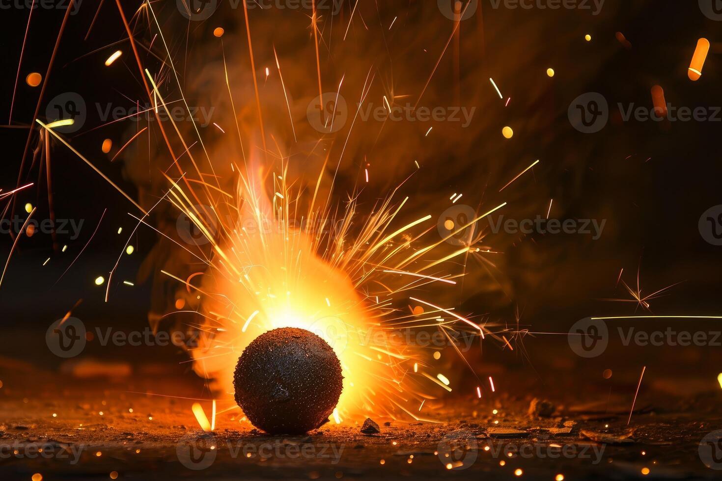 Round firework exploding with bright sparks at night photo