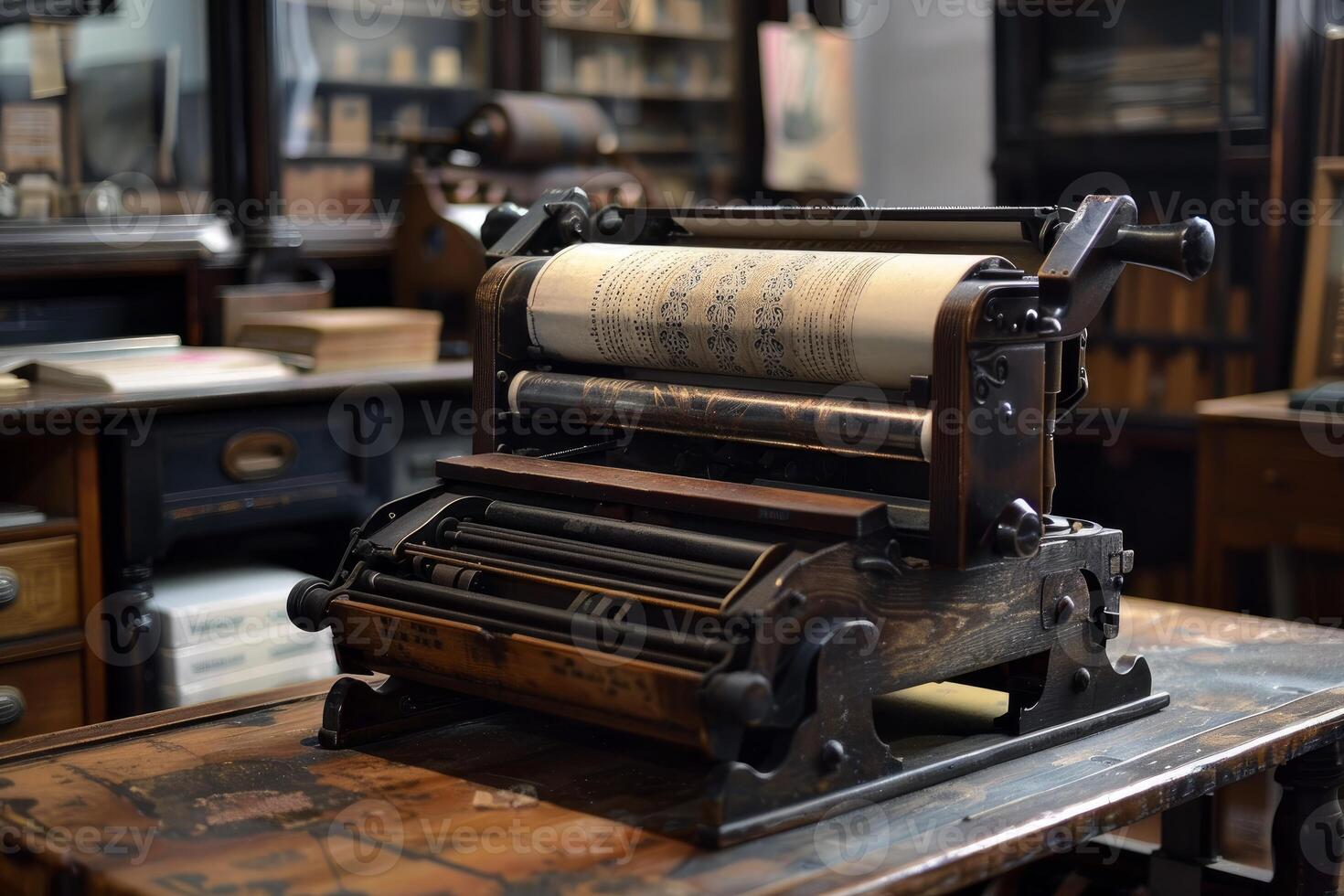 Antique printing press standing on wooden desk in workshop photo