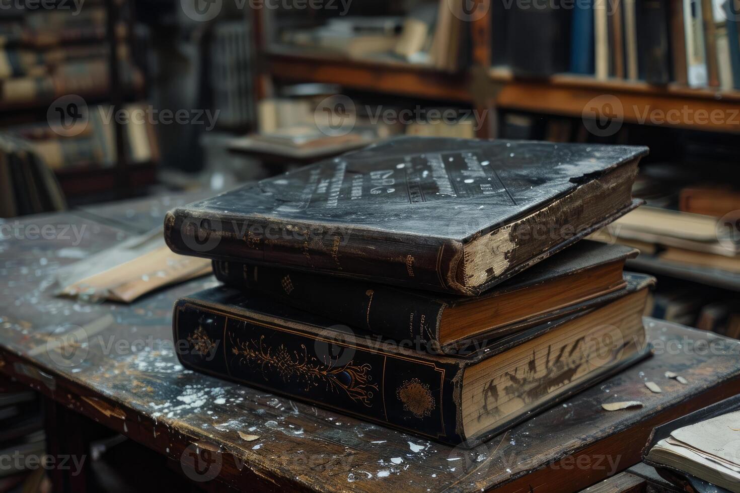 Stack of old books resting on dusty shelf in antique bookstore photo