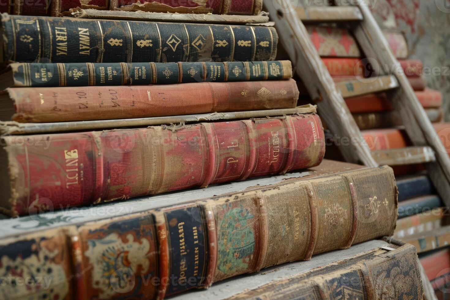 Pile of antique books with worn covers and dusty pages photo