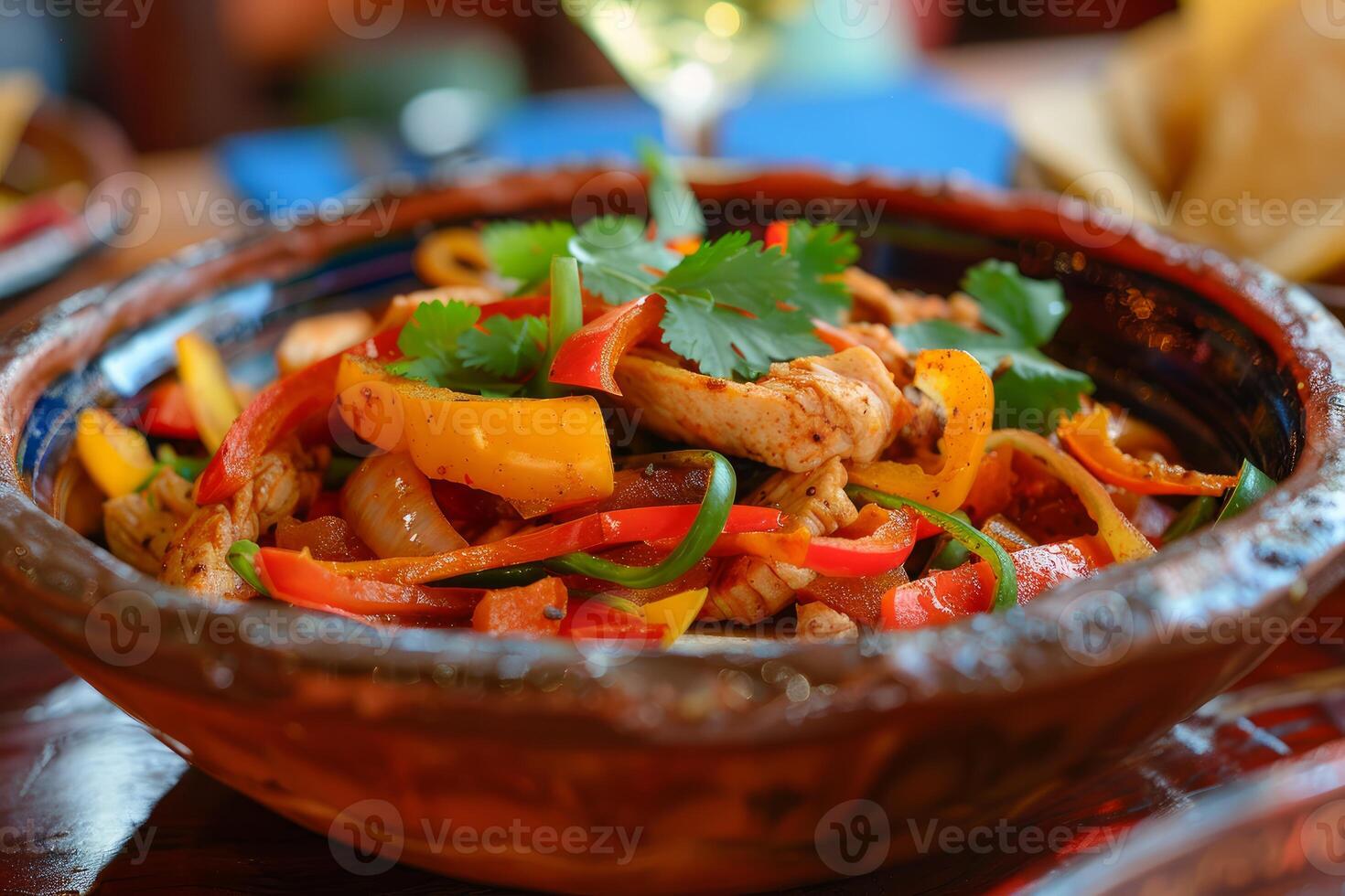 Steaming chicken fajitas served in traditional clay dish photo