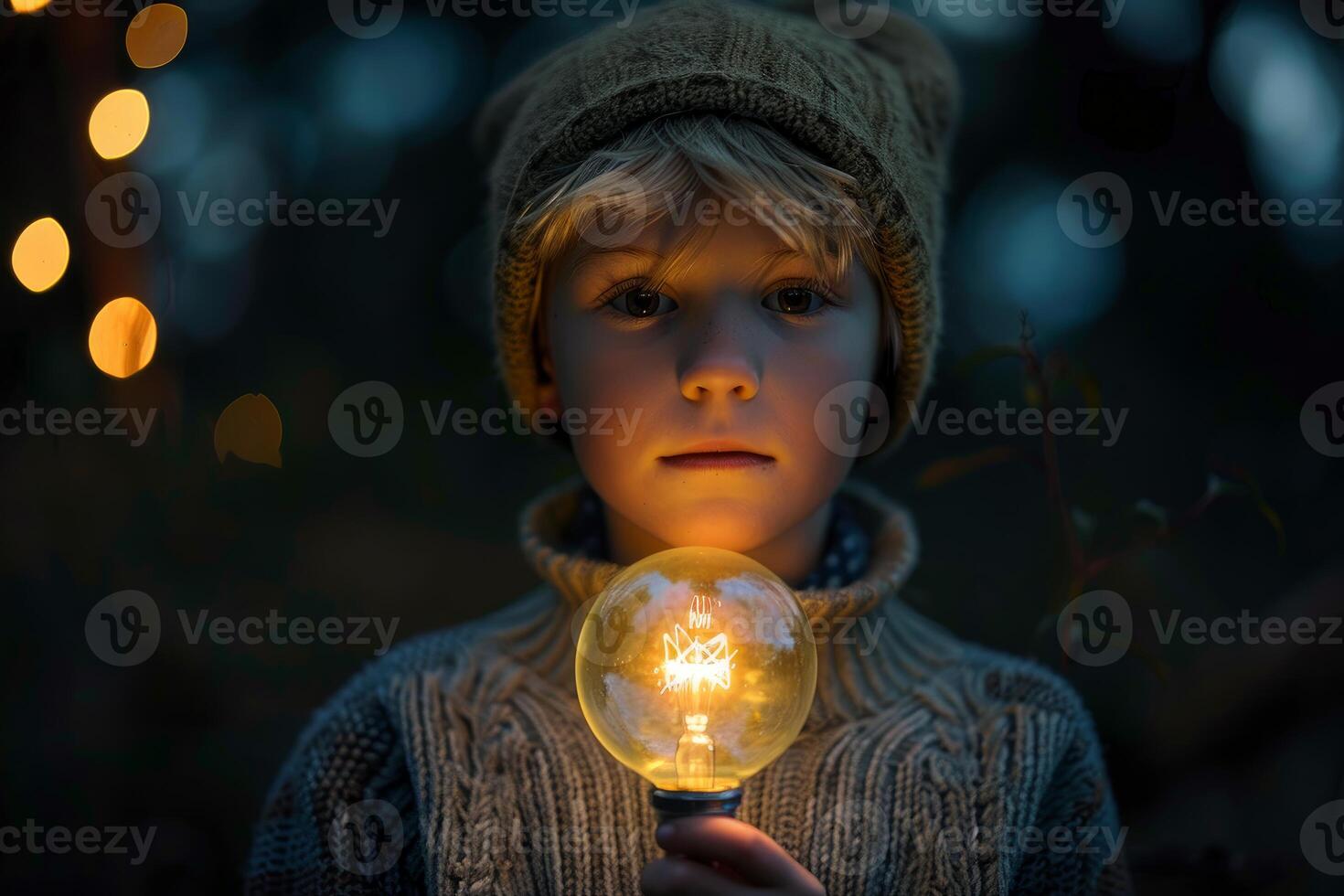 Young boy holding a lightbulb with warm light in the dark photo