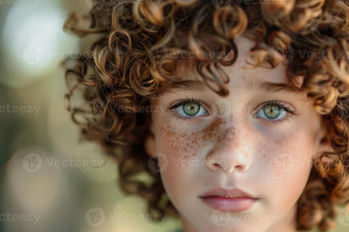 Portrait of young boy with curly hair and freckles posing outdoors photo