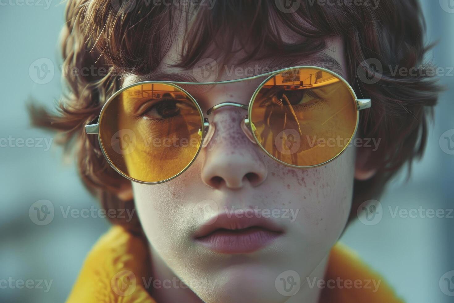 Young boy wearing yellow sunglasses posing outside photo