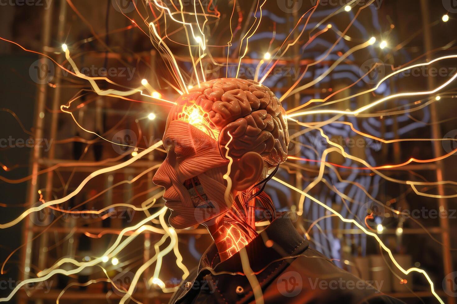 Anatomical model showing brain activity with electrical impulses photo
