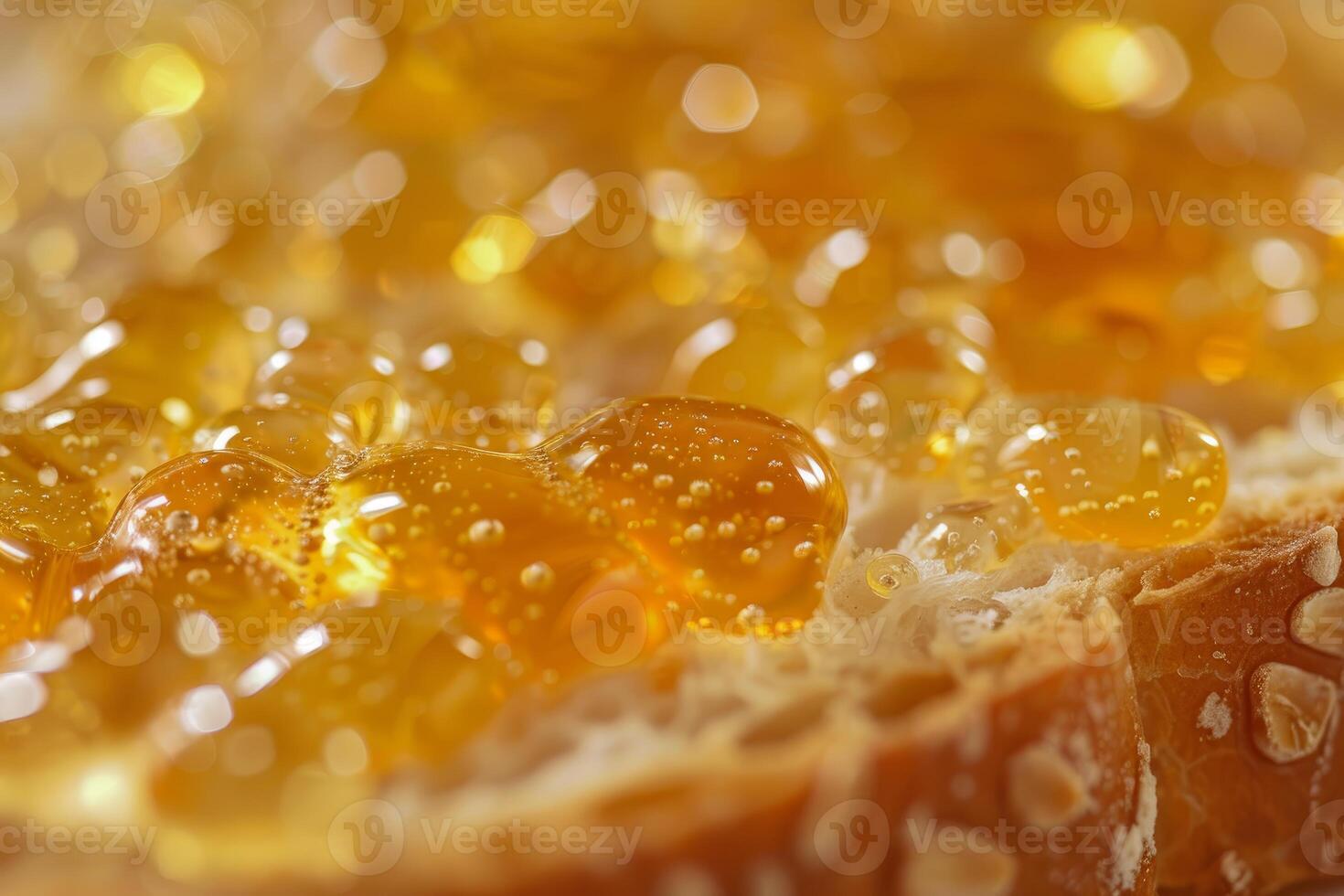 Sweet honey being drizzled on bread close up photo