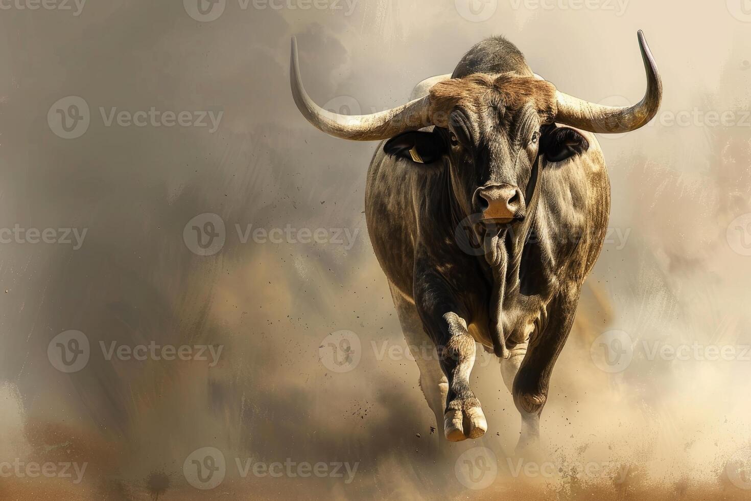 Powerful bull charging forward through dusty landscape photo