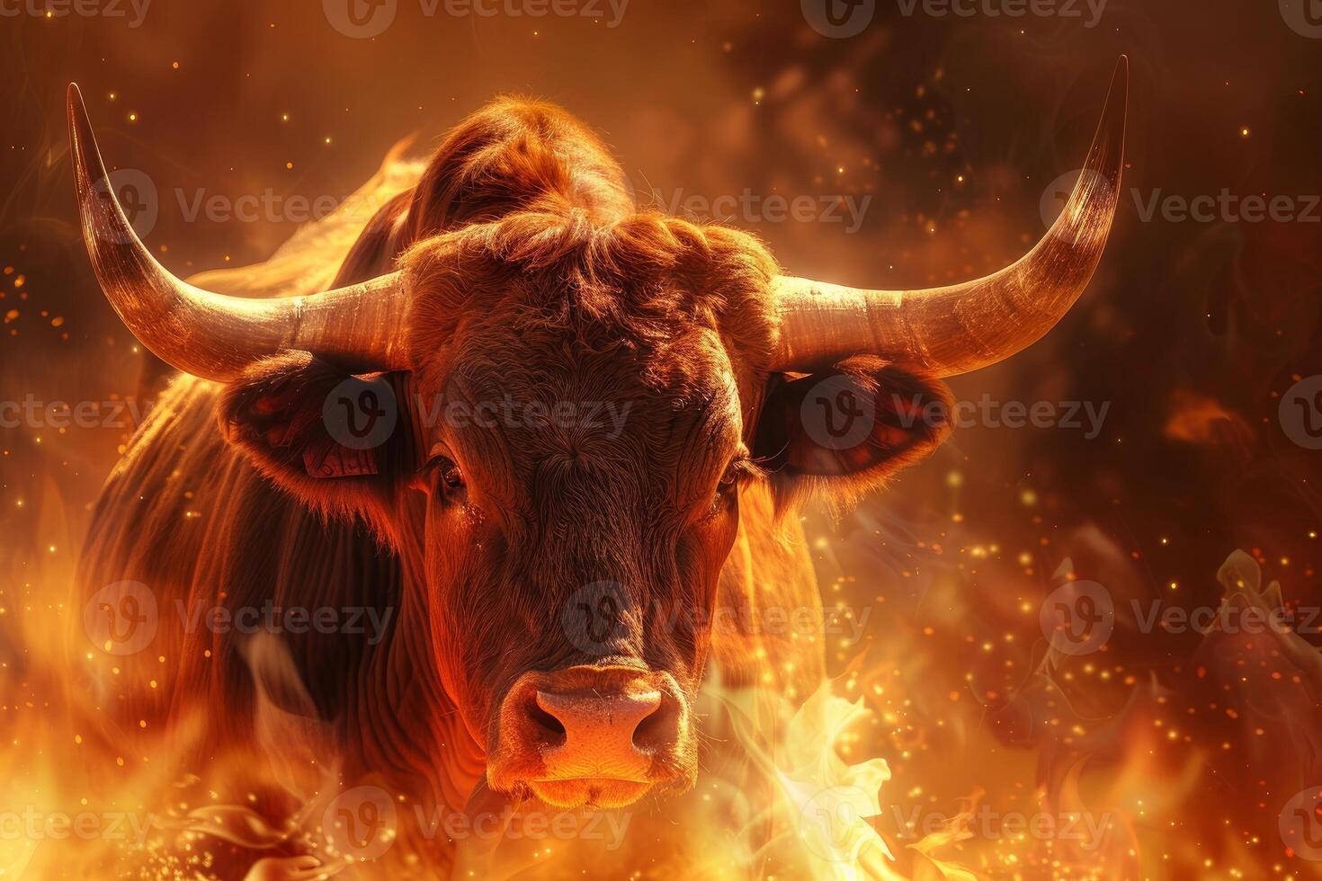 Powerful bull with big horns standing in front of raging fire photo