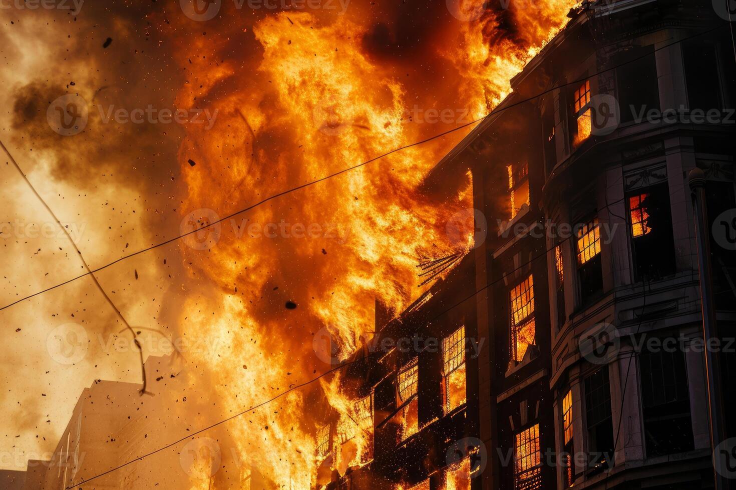 Burning building engulfed in flames during major fire photo