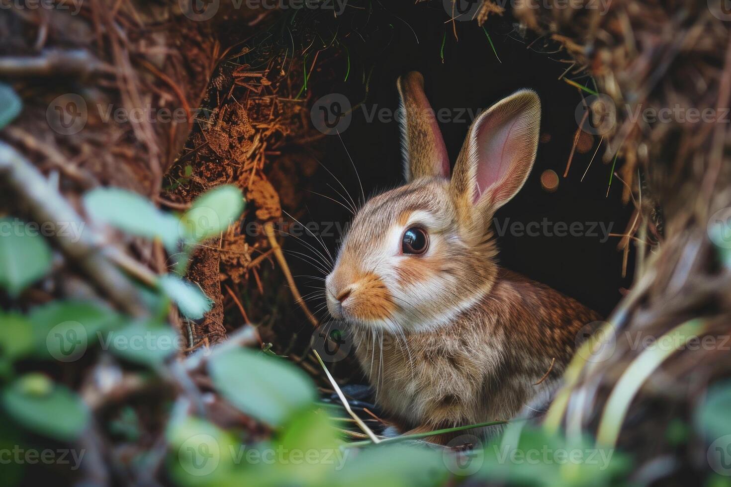 Wild baby rabbit hiding in the woods photo