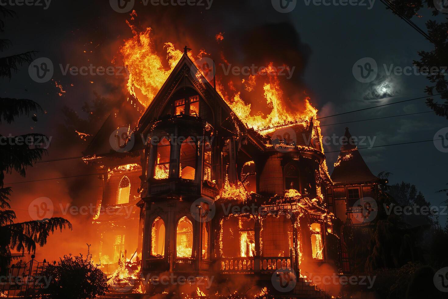 Large victorian era home engulfed in flames at night photo