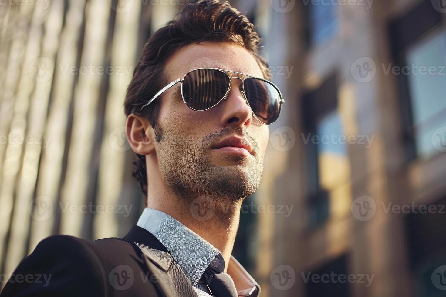 Businessman wearing sunglasses looking up at city buildings photo