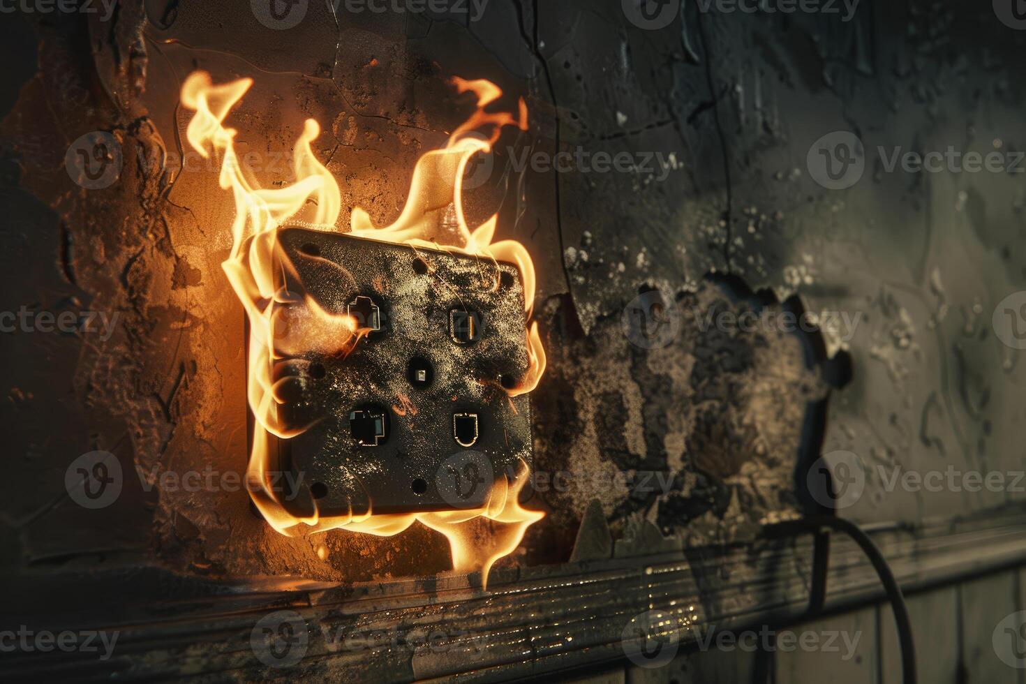 Old power socket catching fire on damaged wall photo