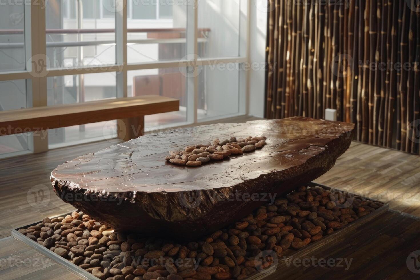 Large stone slab displaying cocoa beans in modern interior design photo