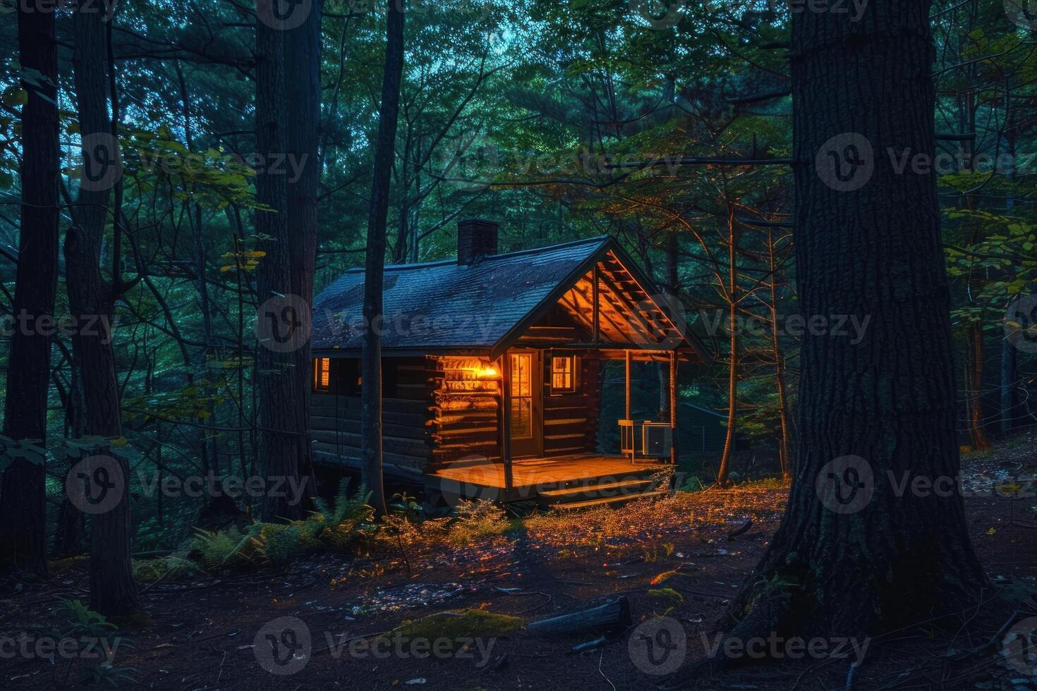 Small log cabin glowing in twilight forest photo