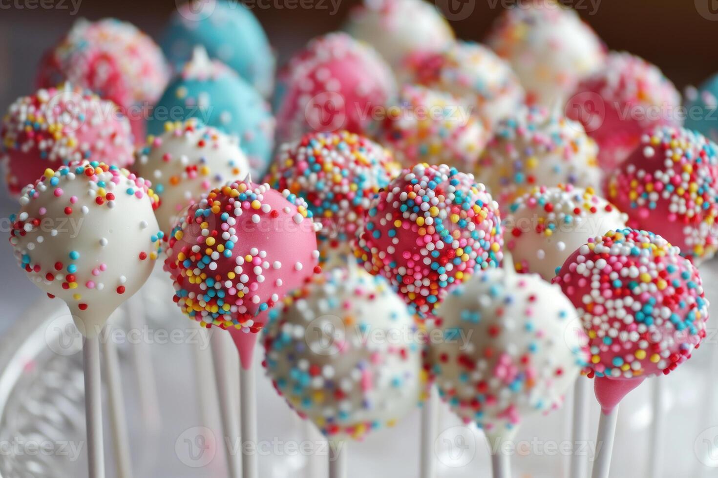 Colorful cake pops covered in sprinkles resting on a plate photo