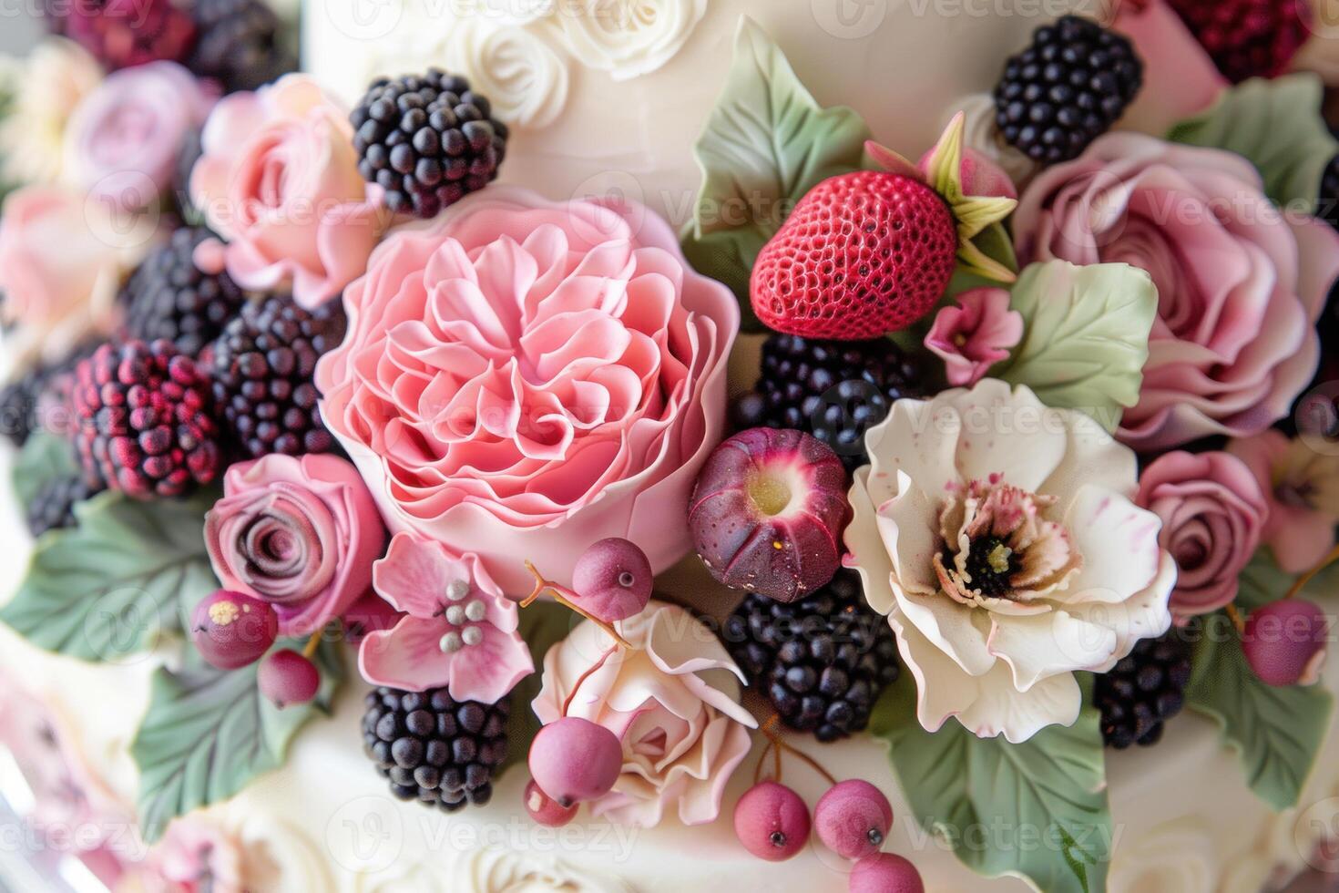 Wedding cake decorated with fondant flowers and berries celebrating love and commitment photo