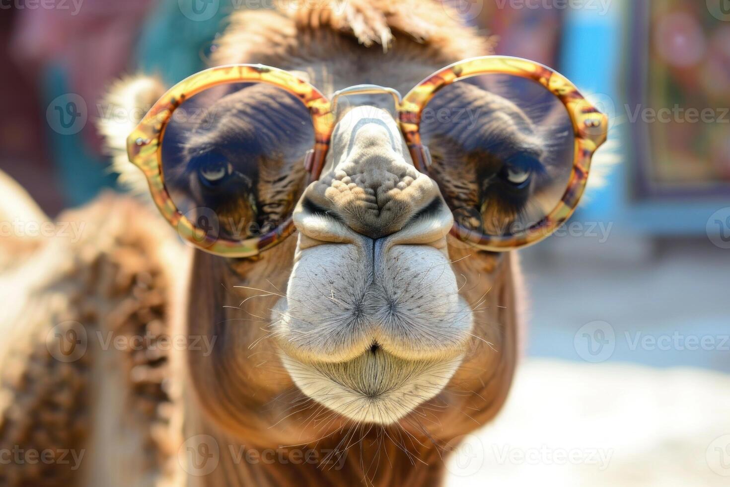 Dromedary camel wearing sunglasses posing for photo