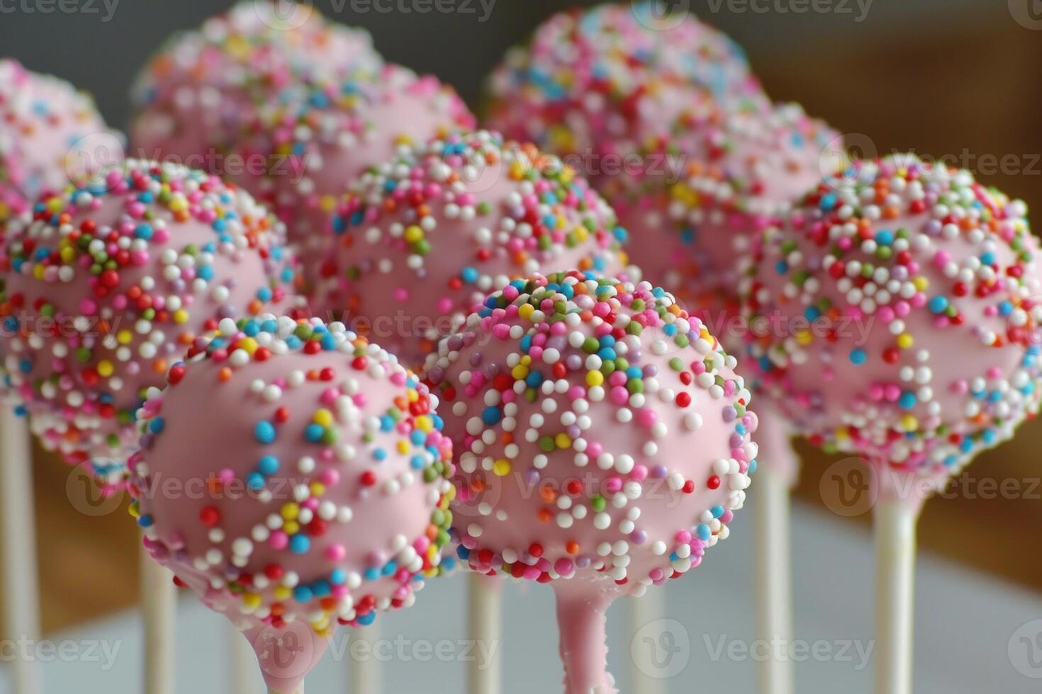 Pink cake pops covered in colorful sprinkles standing up photo