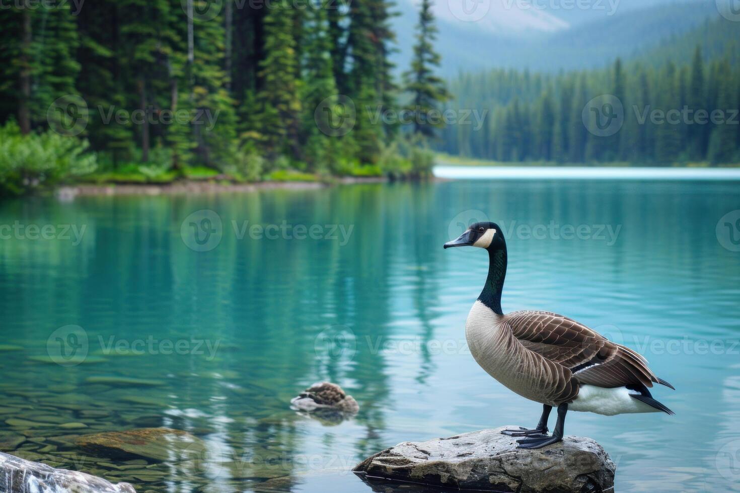 Canada goose standing on rock in turquoise lake surrounded by forest photo