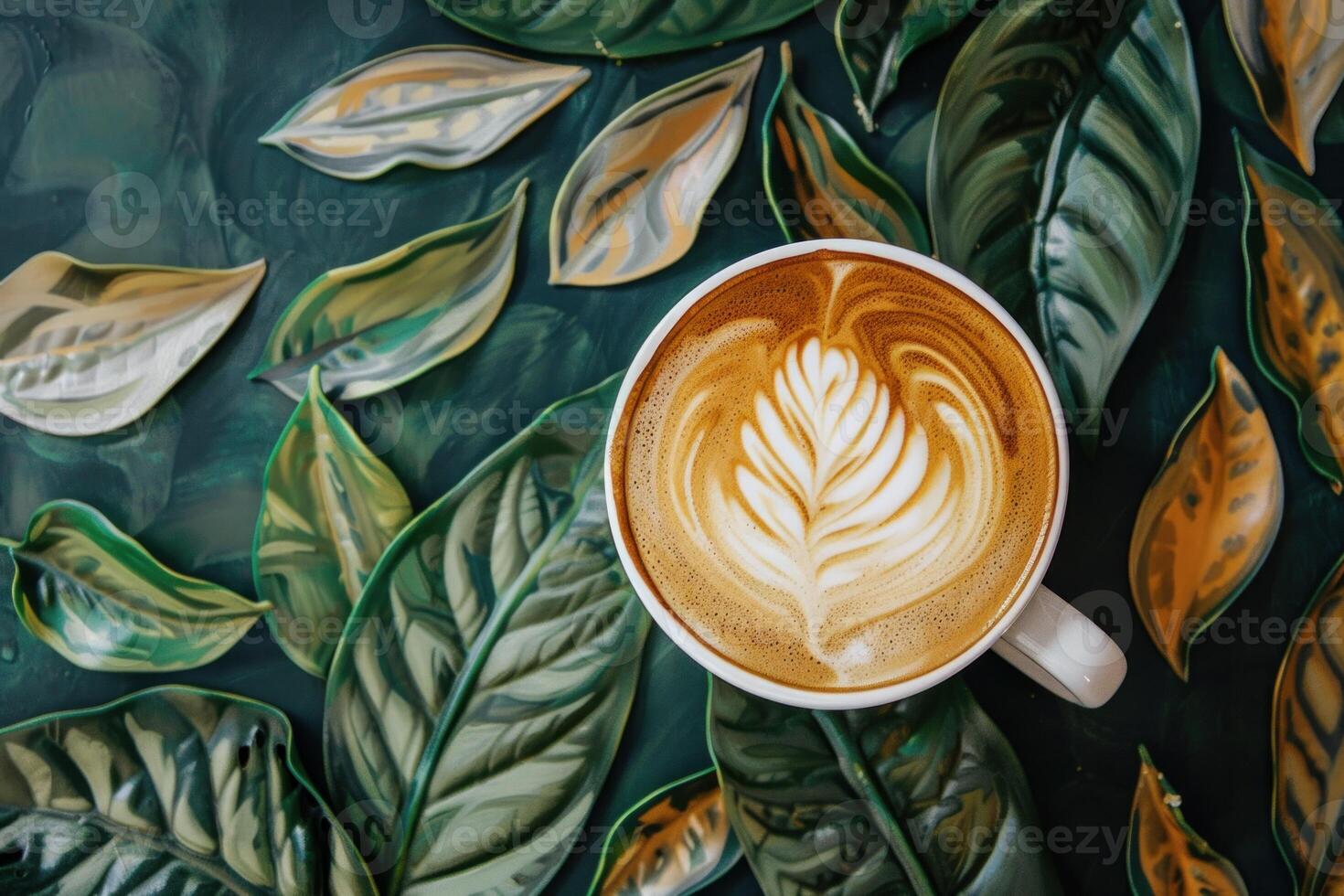 Cup of cappuccino with latte art on green tropical leaves background photo