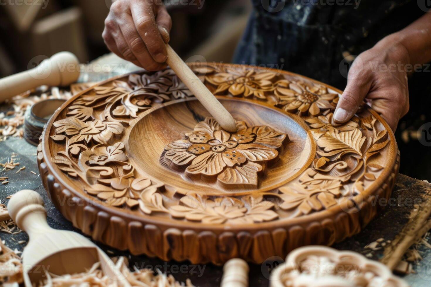 Carpenter carving ornate floral design in wooden plate in workshop photo