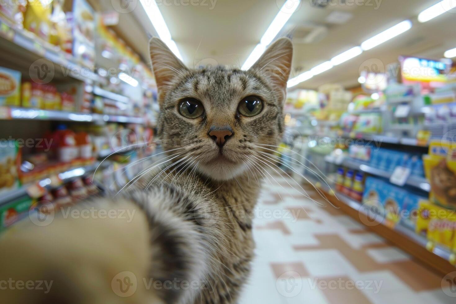 Cat taking selfie with paw in supermarket food aisle photo