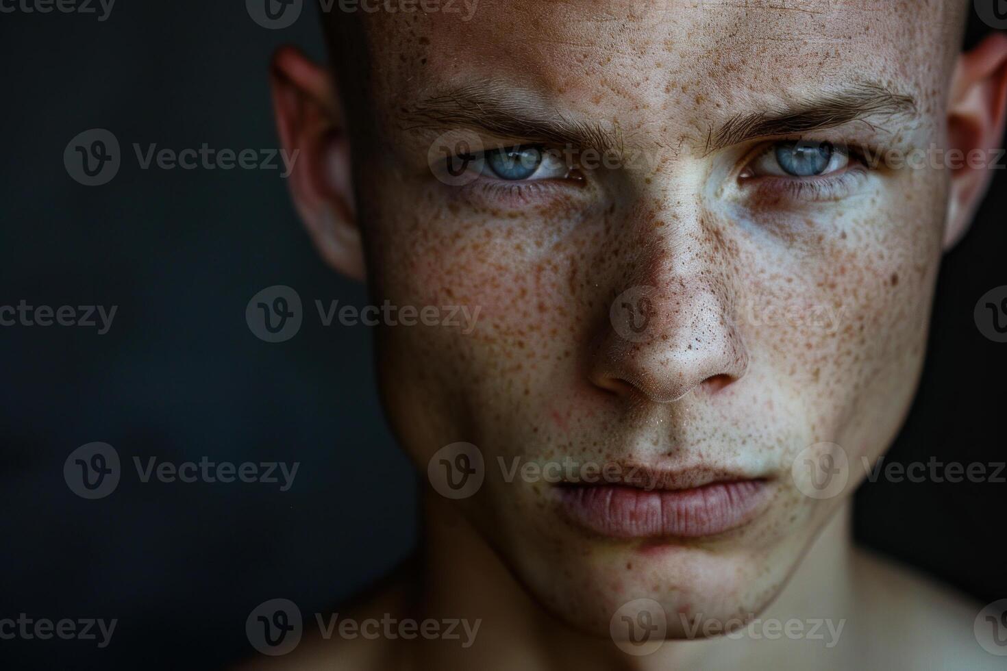 Serious young man with freckles is staring at camera photo