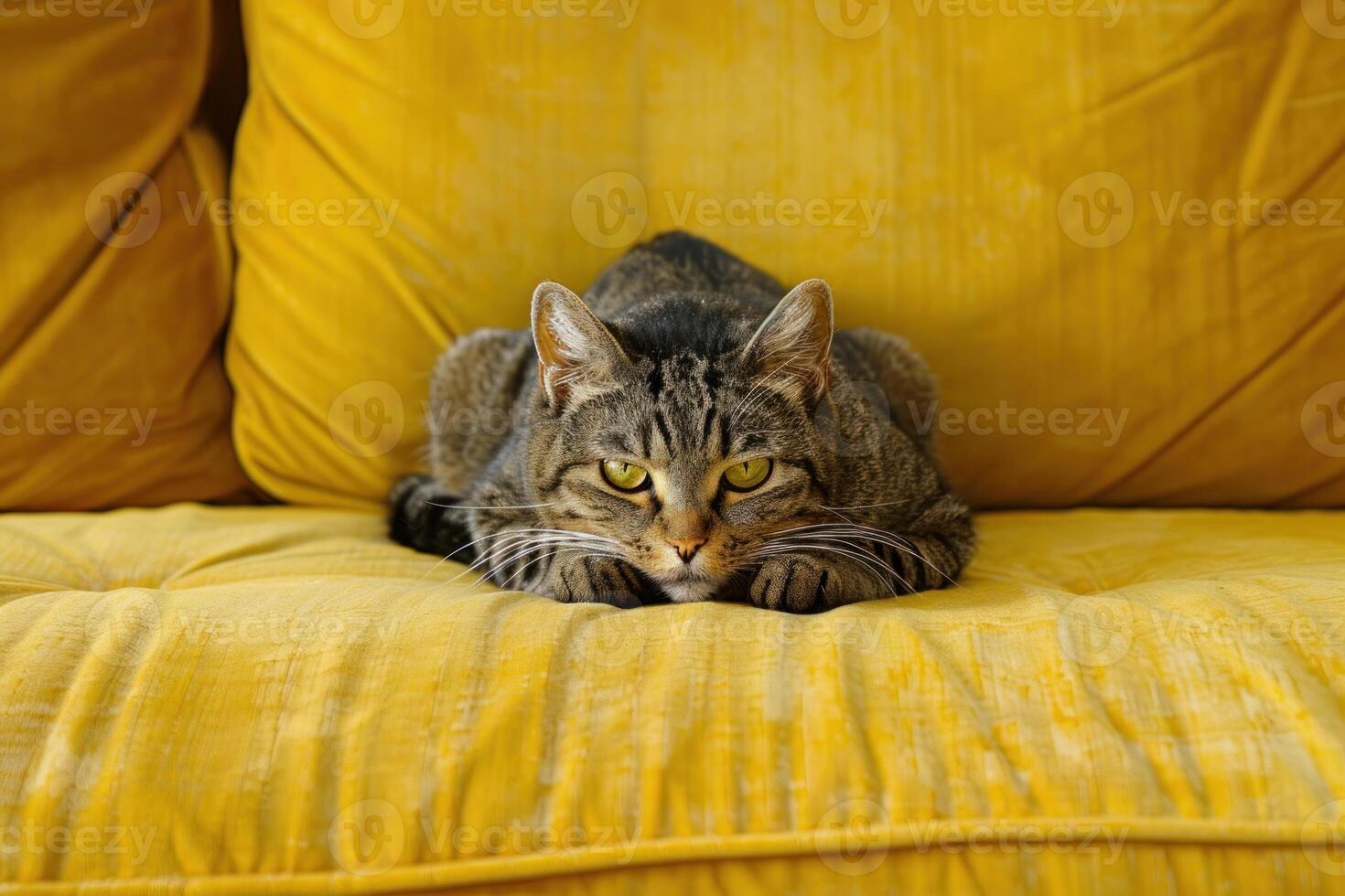 Tabby cat relaxing on yellow velvet sofa photo