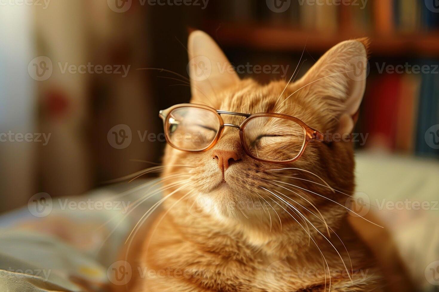 Ginger cat wearing eyeglasses is relaxing at home photo