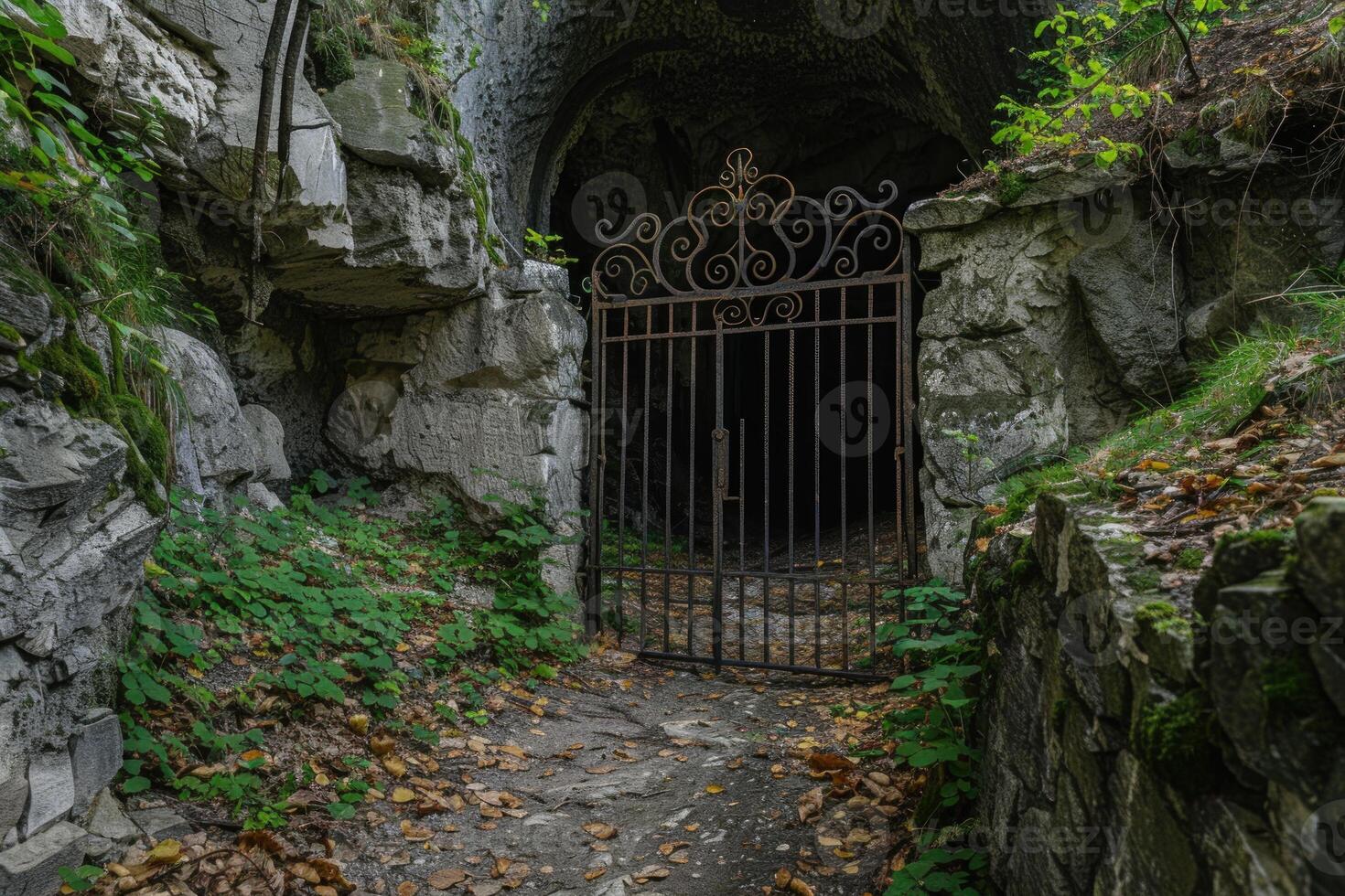 Old iron gate blocking entrance to mysterious cave photo