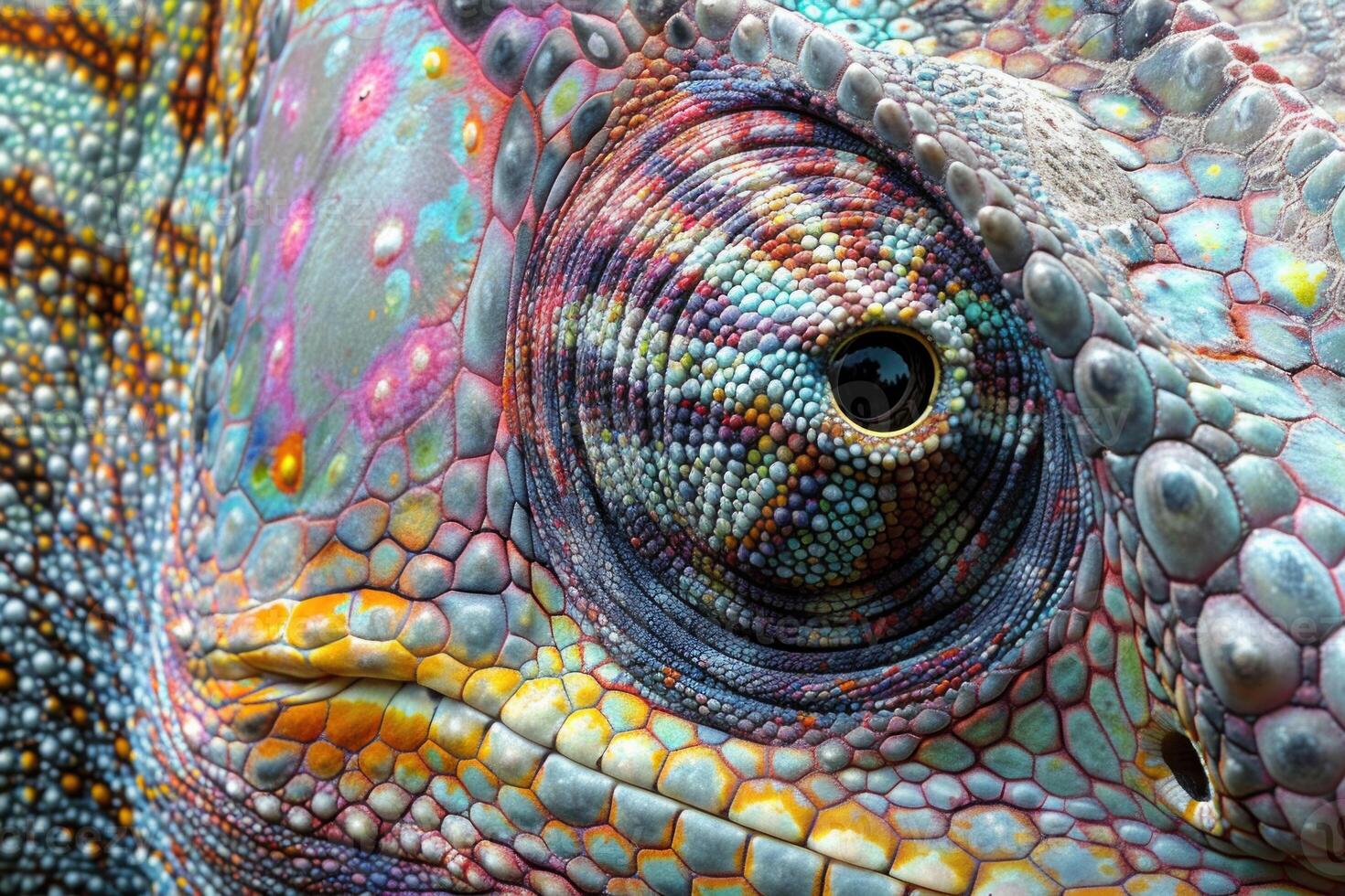Chameleon showing colorful skin texture in macro photography photo